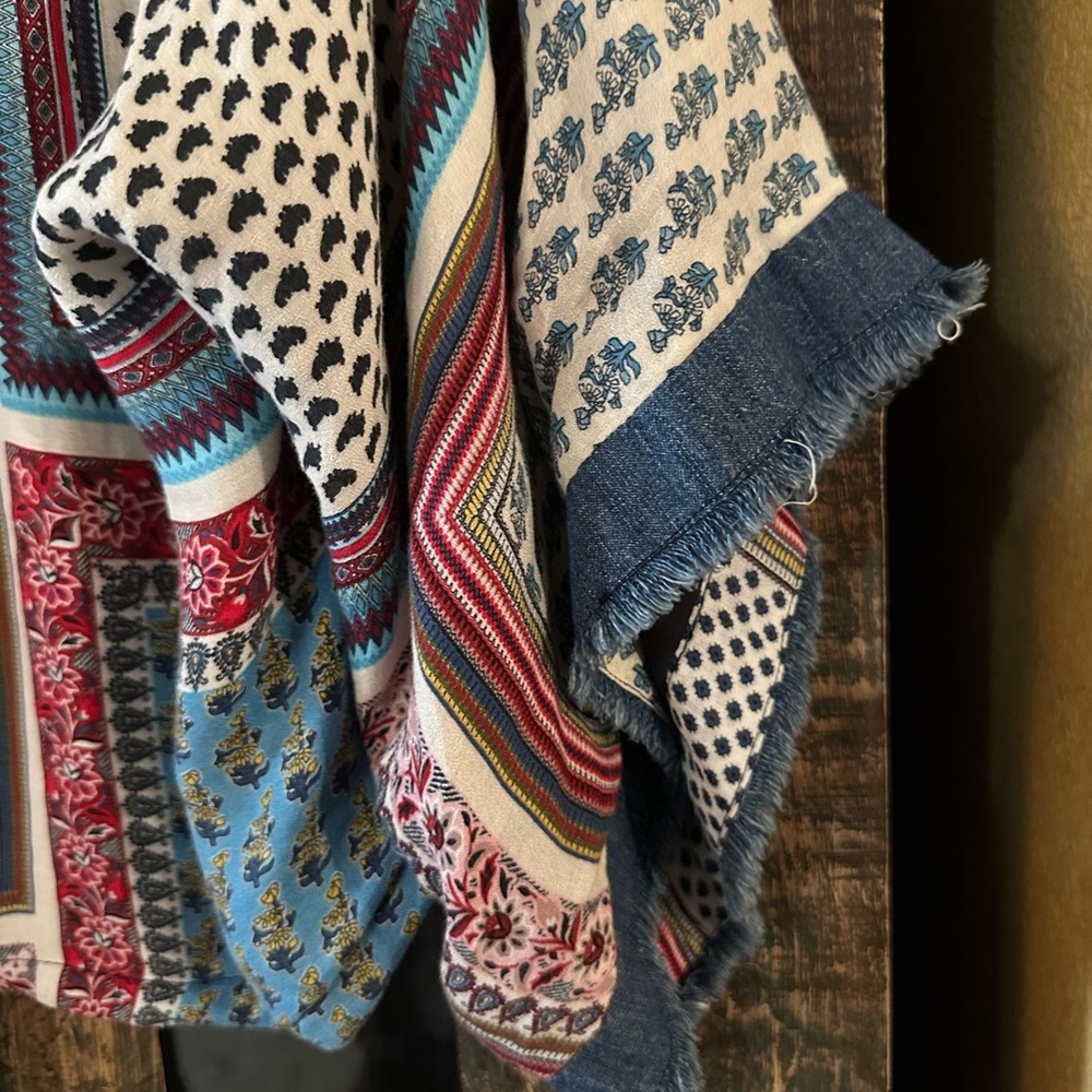 Zara Basic Bohemian Multicolor Kimono Jacket with Denim sleeve accent small - Picture 4 of 6